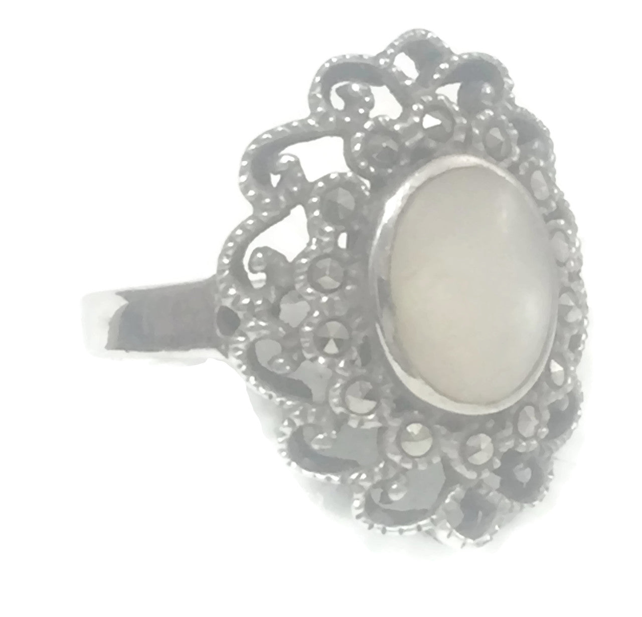 Marcasite Ring Flower MOP Art Deco sterling Silver Size 8.50