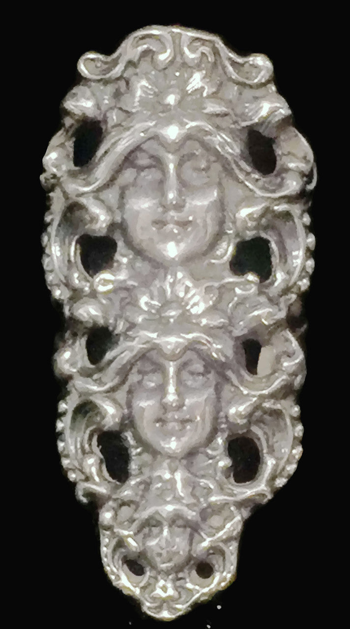 Long Ring Three Victorian Faces Sterling Silver Size 5.75