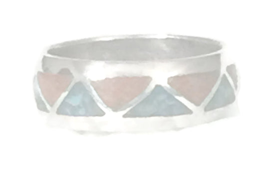 Zuni Turquoise Coral Chips Wedding Tribal Band Ring Sterling Silver Size 6.75