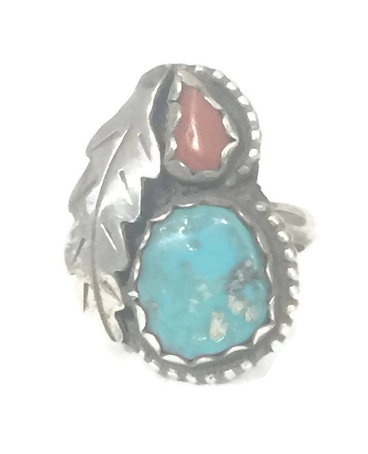 Navajo Ring Coral Turquoise Sterling Silver Size 3.7