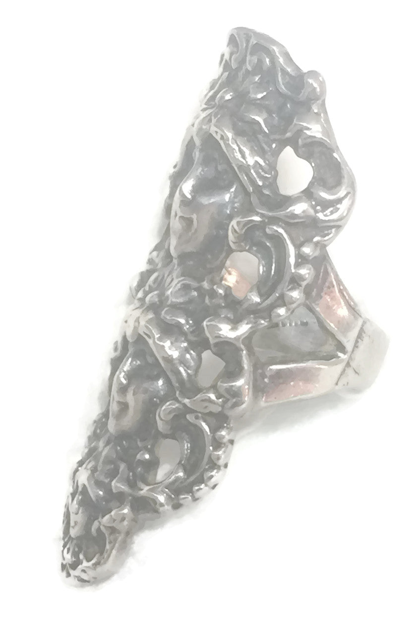 Long Ring Three Victorian Faces Sterling Silver Size 5.75