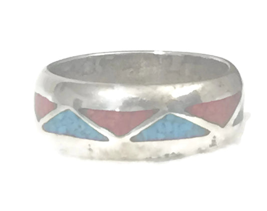 Zuni Band Turquoise Coral Chip Wedding Tribal Ring Sterling Silver Size 9