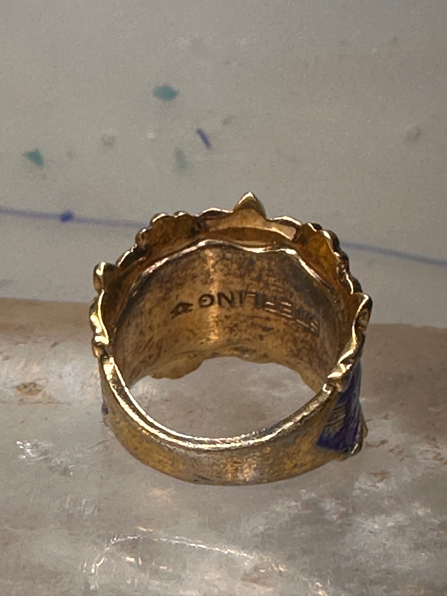 Guilloche ring rose flowers blue pinky band size 4.75 sterling silver women