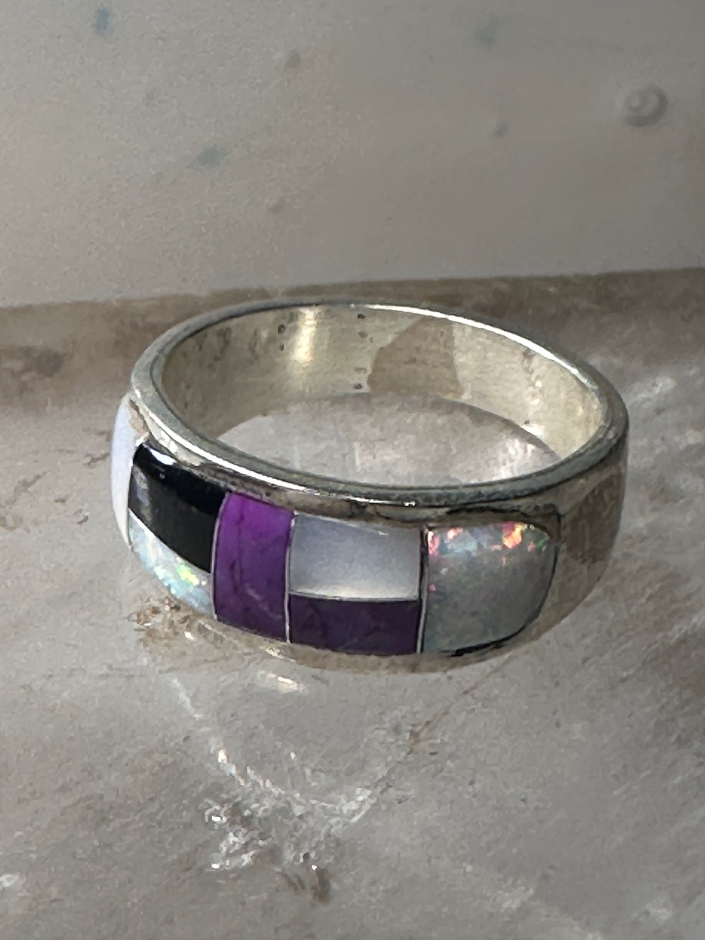 Southwest ring Mother of pearl Onyx Lab Opal pinky size 4.75 sterling silver women girls
