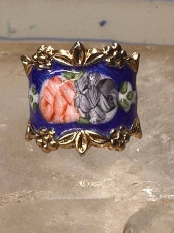 Guilloche ring rose flowers blue pinky band size 4.75 sterling silver women