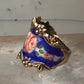 Guilloche ring rose flowers blue pinky band size 4.75 sterling silver women
