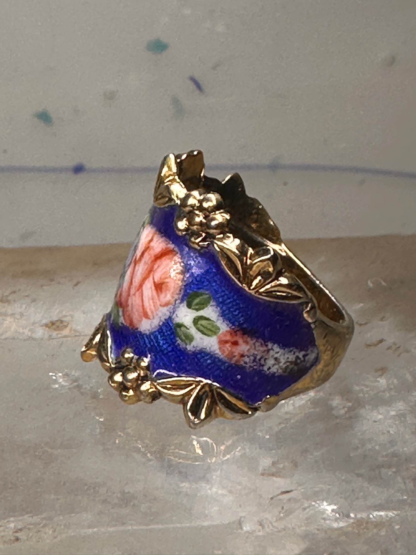 Guilloche ring rose flowers blue pinky band size 4.75 sterling silver women