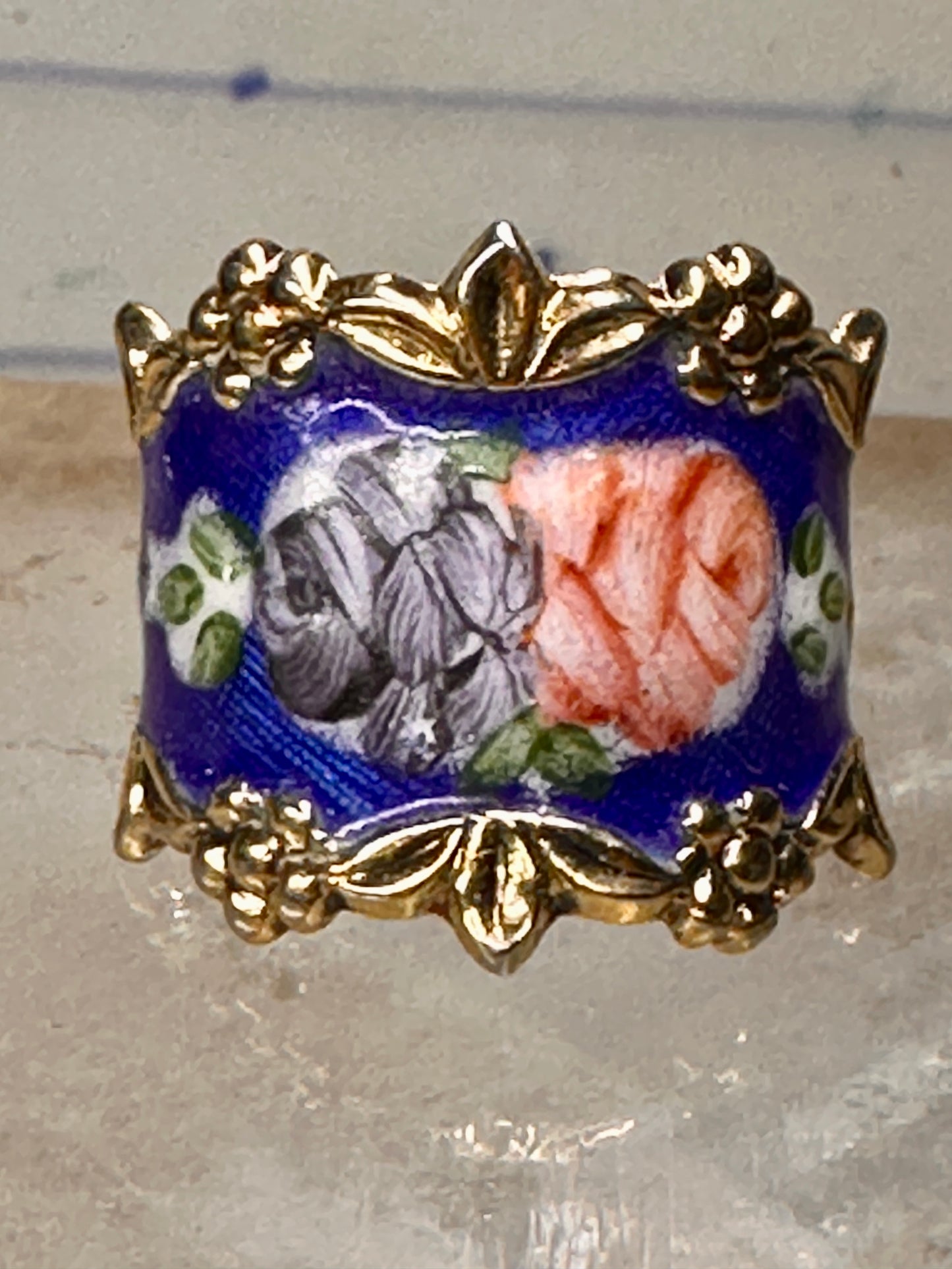 Guilloche ring rose flowers blue pinky band size 4.75 sterling silver women