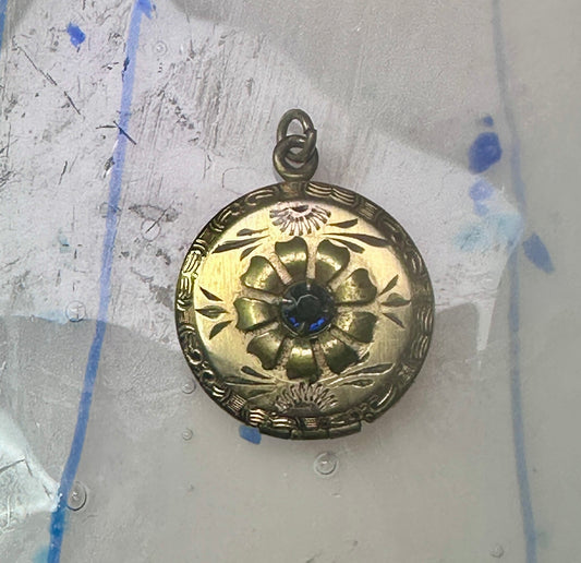 Round Locket Art Deco gold filled beautiful blue crystal floral elements women