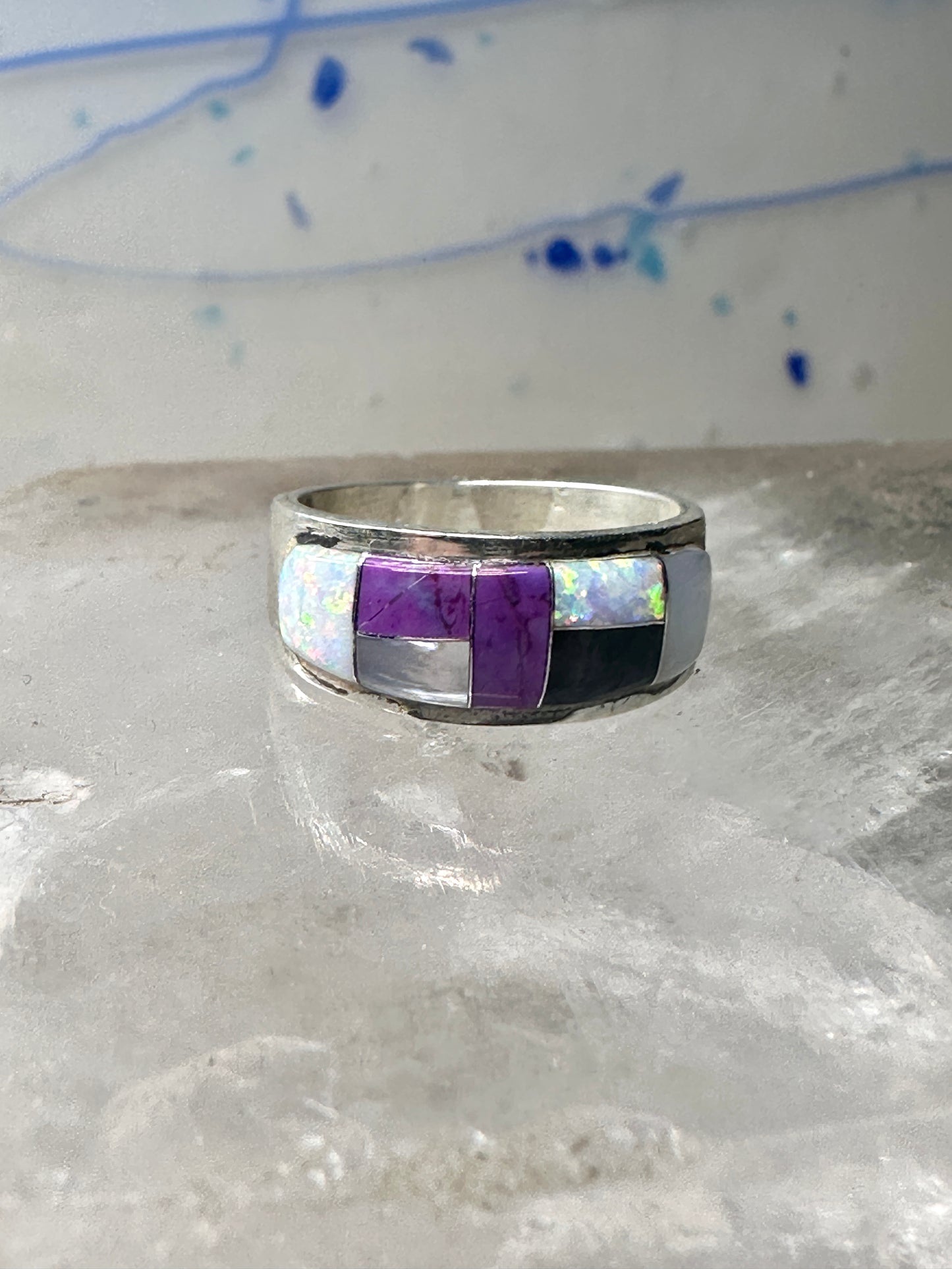 Southwest ring Mother of pearl Onyx Lab Opal pinky size 4.75 sterling silver women girls