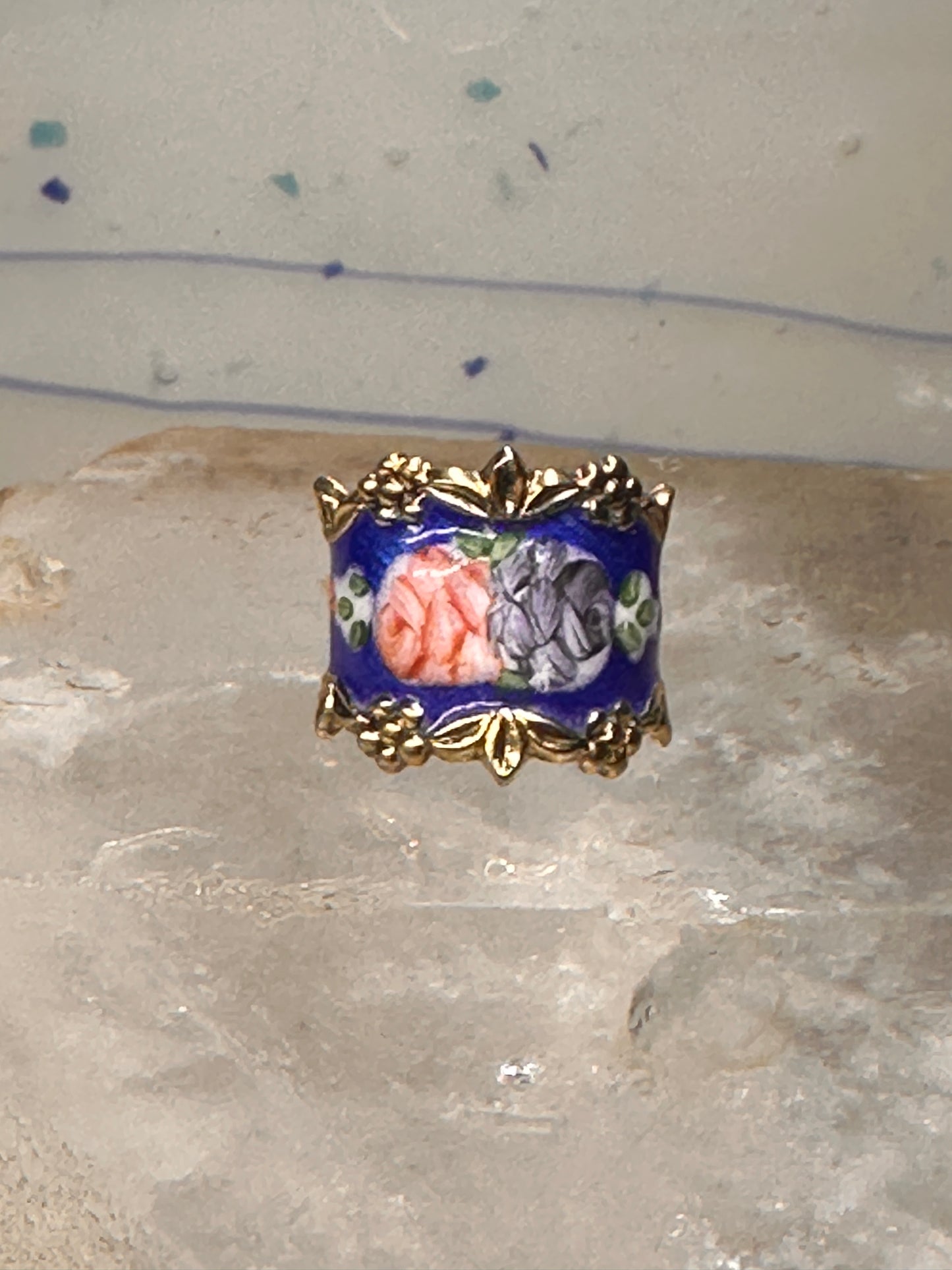 Guilloche ring rose flowers blue pinky band size 4.75 sterling silver women