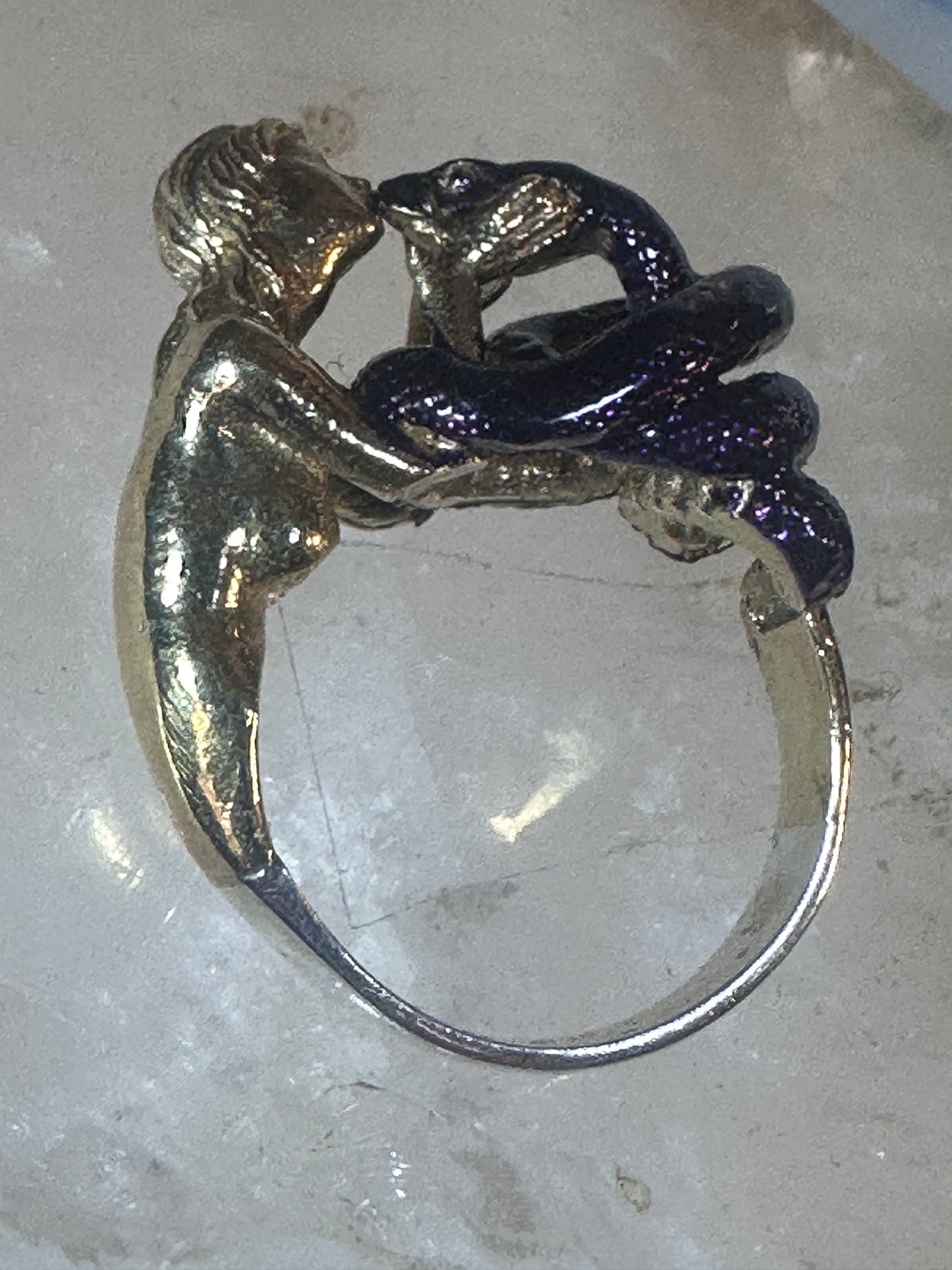 Figurative ring naked lady holding snake band size 7 sterling silver women