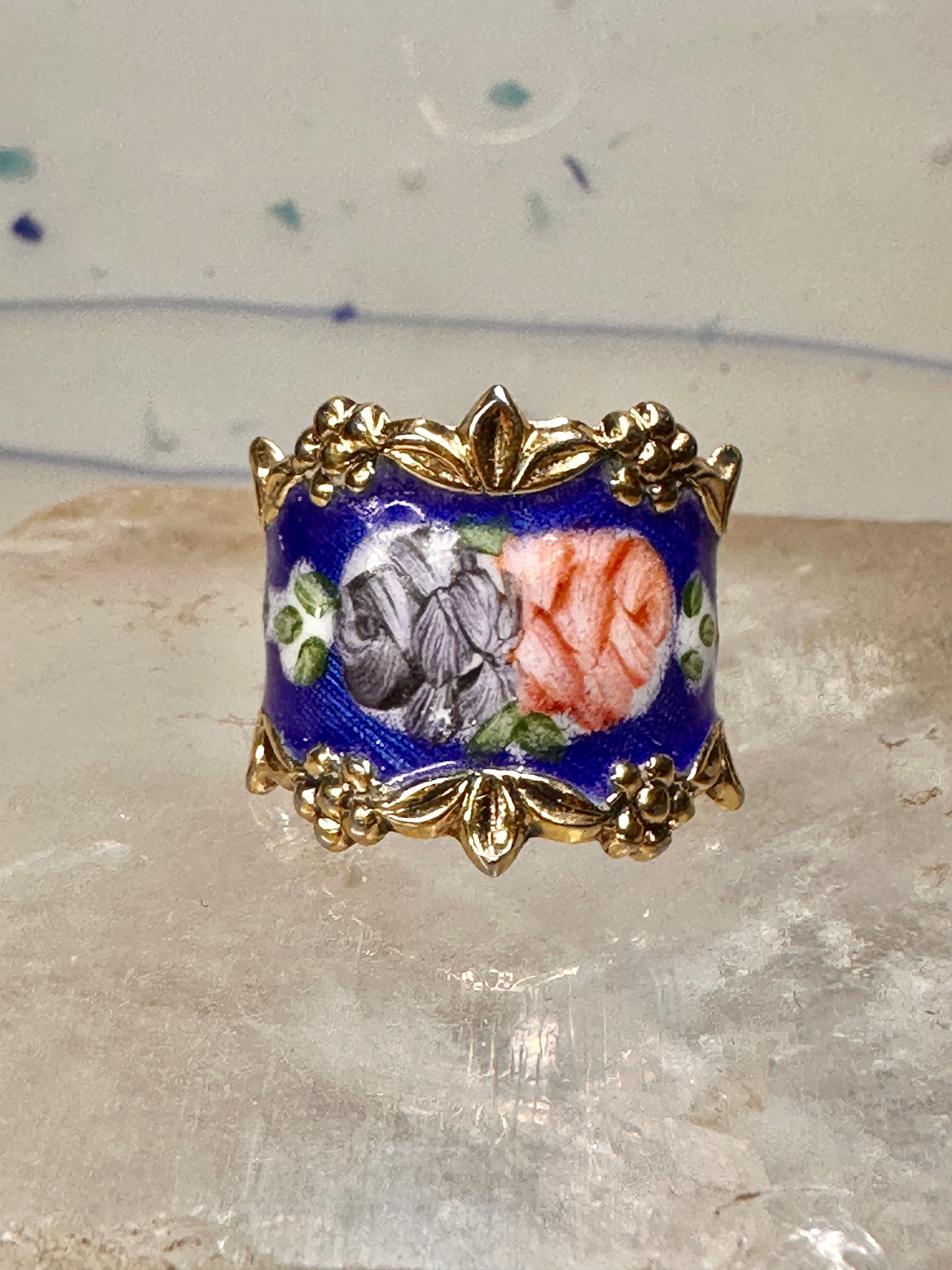 Guilloche ring rose flowers blue pinky band size 4.75 sterling silver women