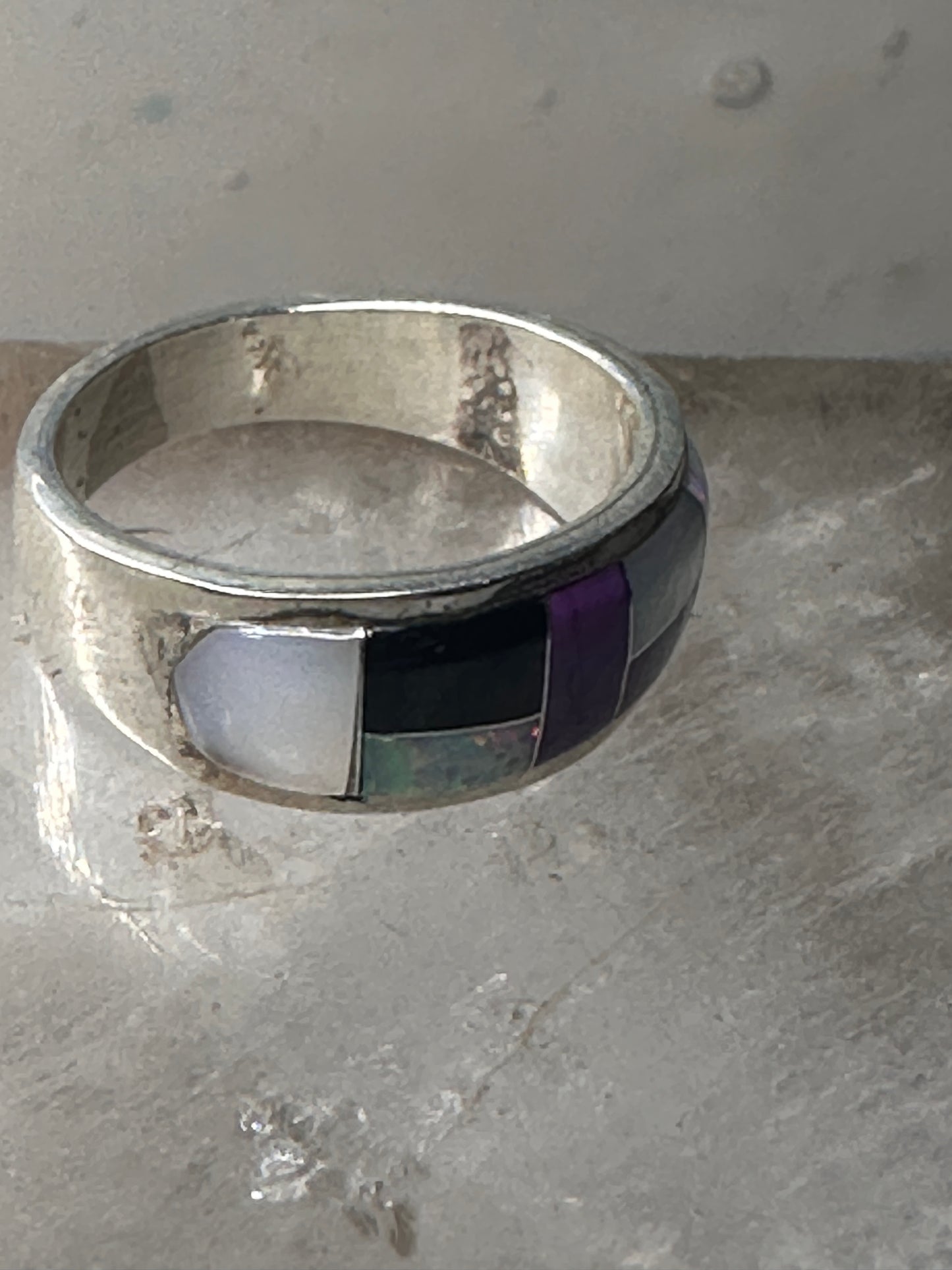 Southwest ring Mother of pearl Onyx Lab Opal pinky size 4.75 sterling silver women girls