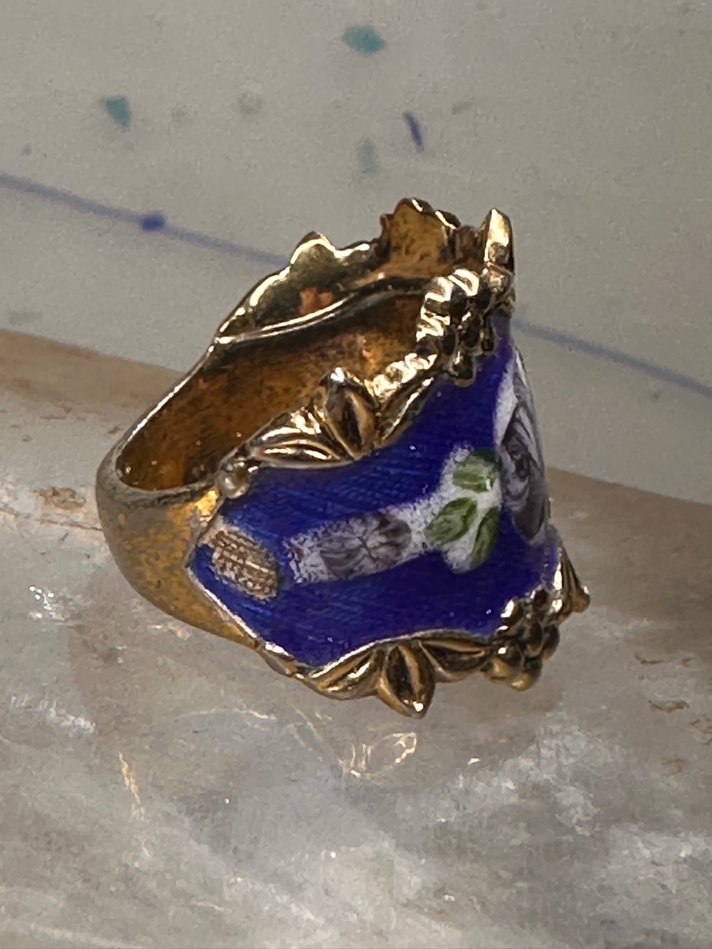 Guilloche ring rose flowers blue pinky band size 4.75 sterling silver women