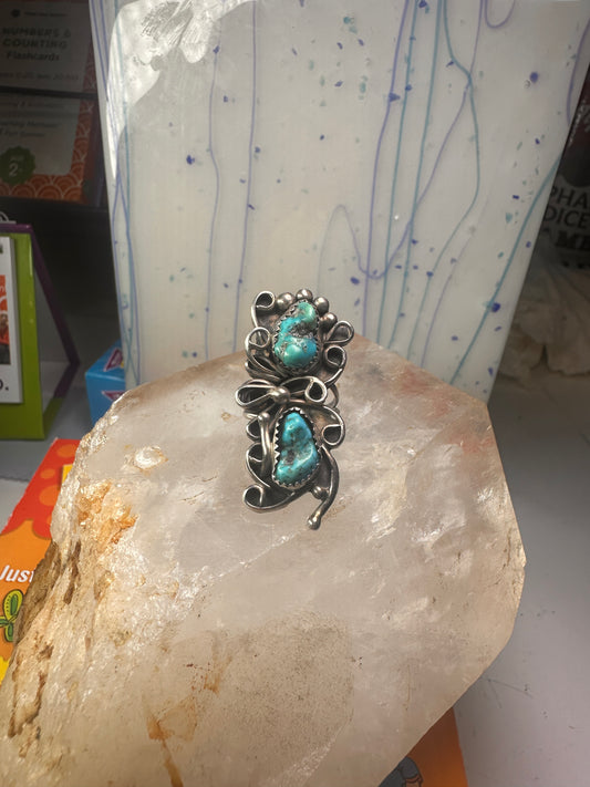 Long turquoise ring Navajo size 5 sterling silver women