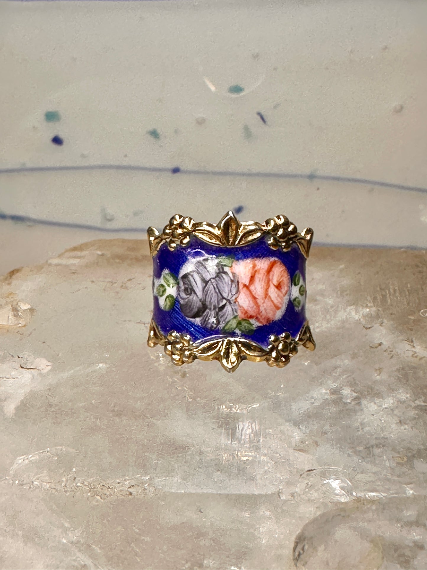 Guilloche ring rose flowers blue pinky band size 4.75 sterling silver women