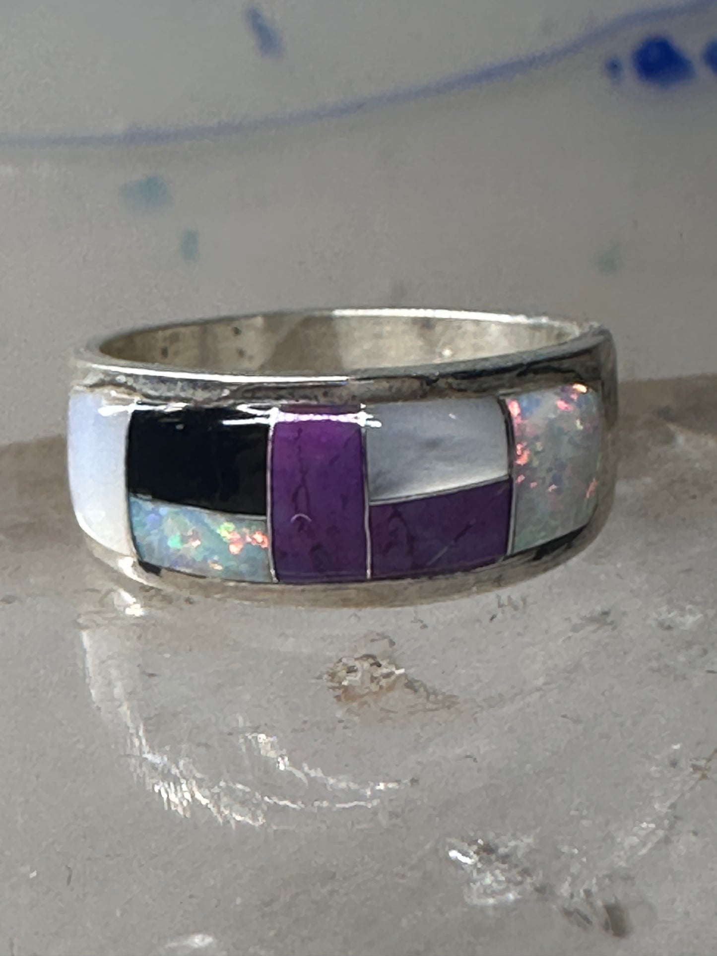 Southwest ring Mother of pearl Onyx Lab Opal pinky size 4.75 sterling silver women girls