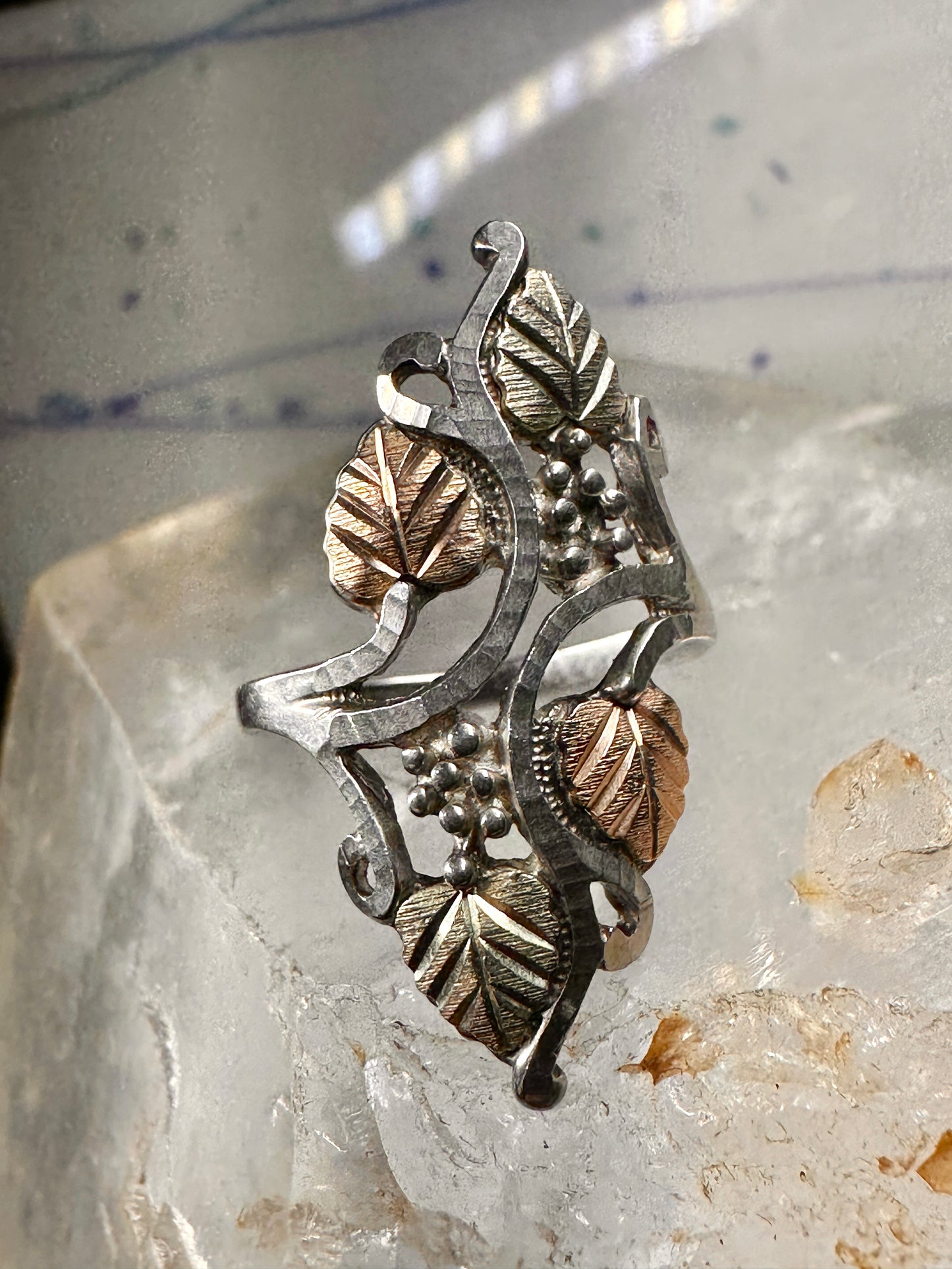 Black Hills Gold ring long floral band size 7.75 sterling silver women