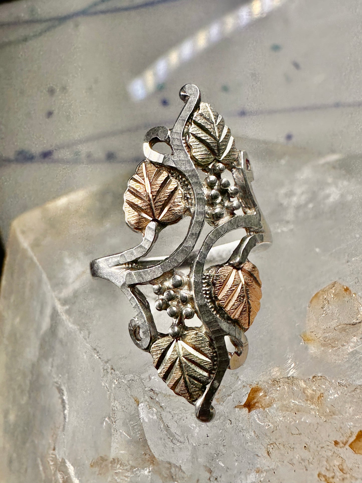 Black Hills Gold ring long floral band size 7.75 sterling silver women