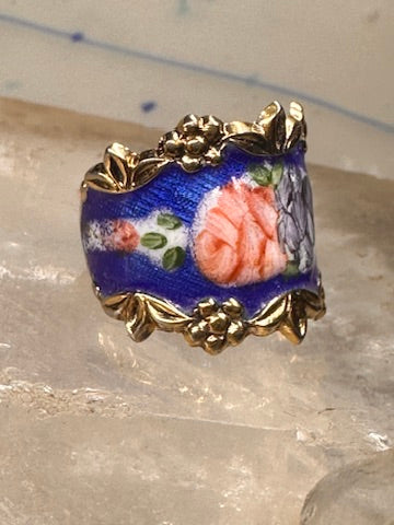 Guilloche ring rose flowers blue pinky band size 4.75 sterling silver women