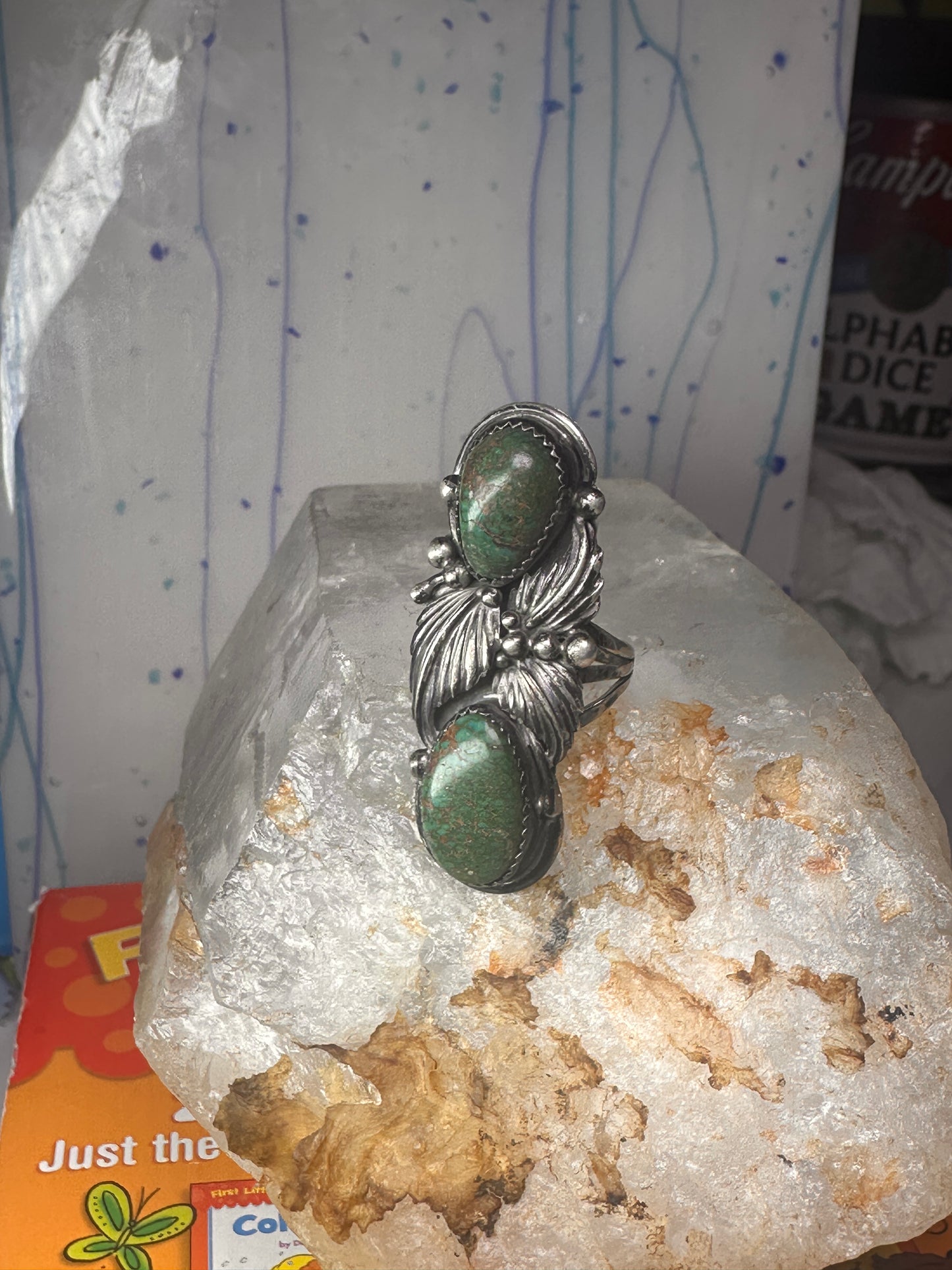 Navajo ring long Green turquoise size 7 sterling silver women