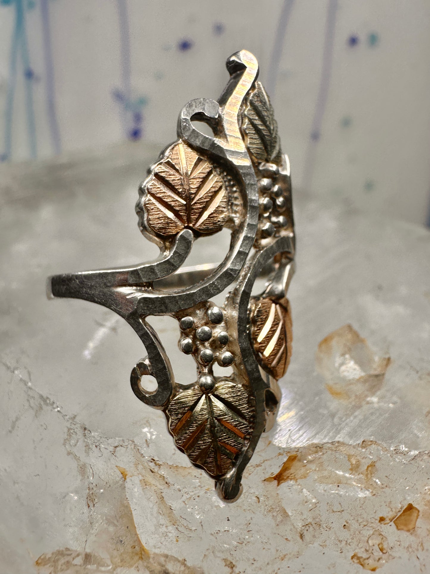 Black Hills Gold ring long floral band size 7.75 sterling silver women