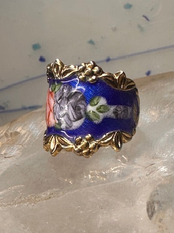 Guilloche ring rose flowers blue pinky band size 4.75 sterling silver women