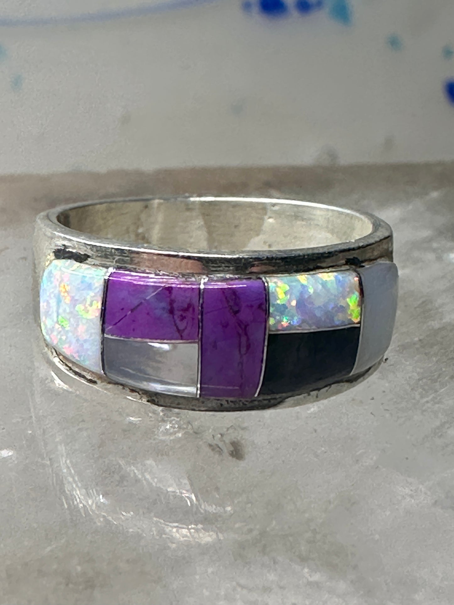 Southwest ring Mother of pearl Onyx Lab Opal pinky size 4.75 sterling silver women girls