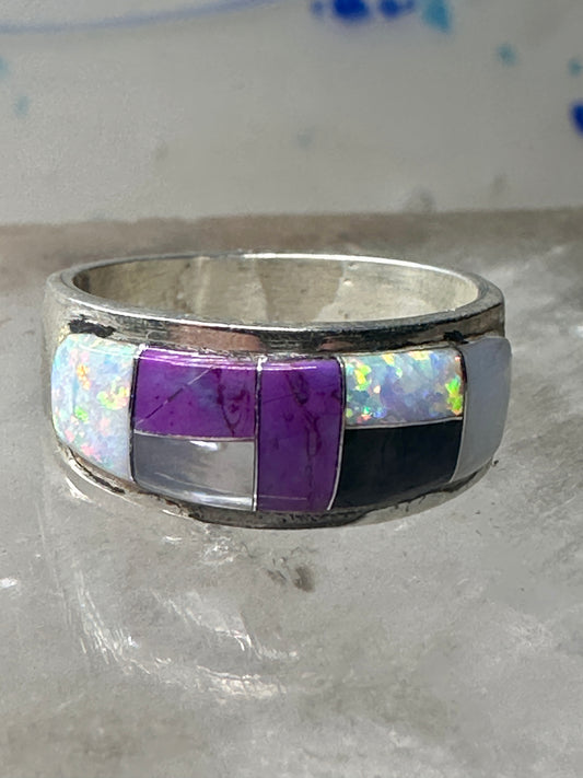 Southwest ring Mother of pearl Onyx Lab Opal pinky size 4.75 sterling silver women girls