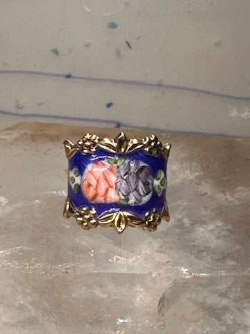 Guilloche ring rose flowers blue pinky band size 4.75 sterling silver women