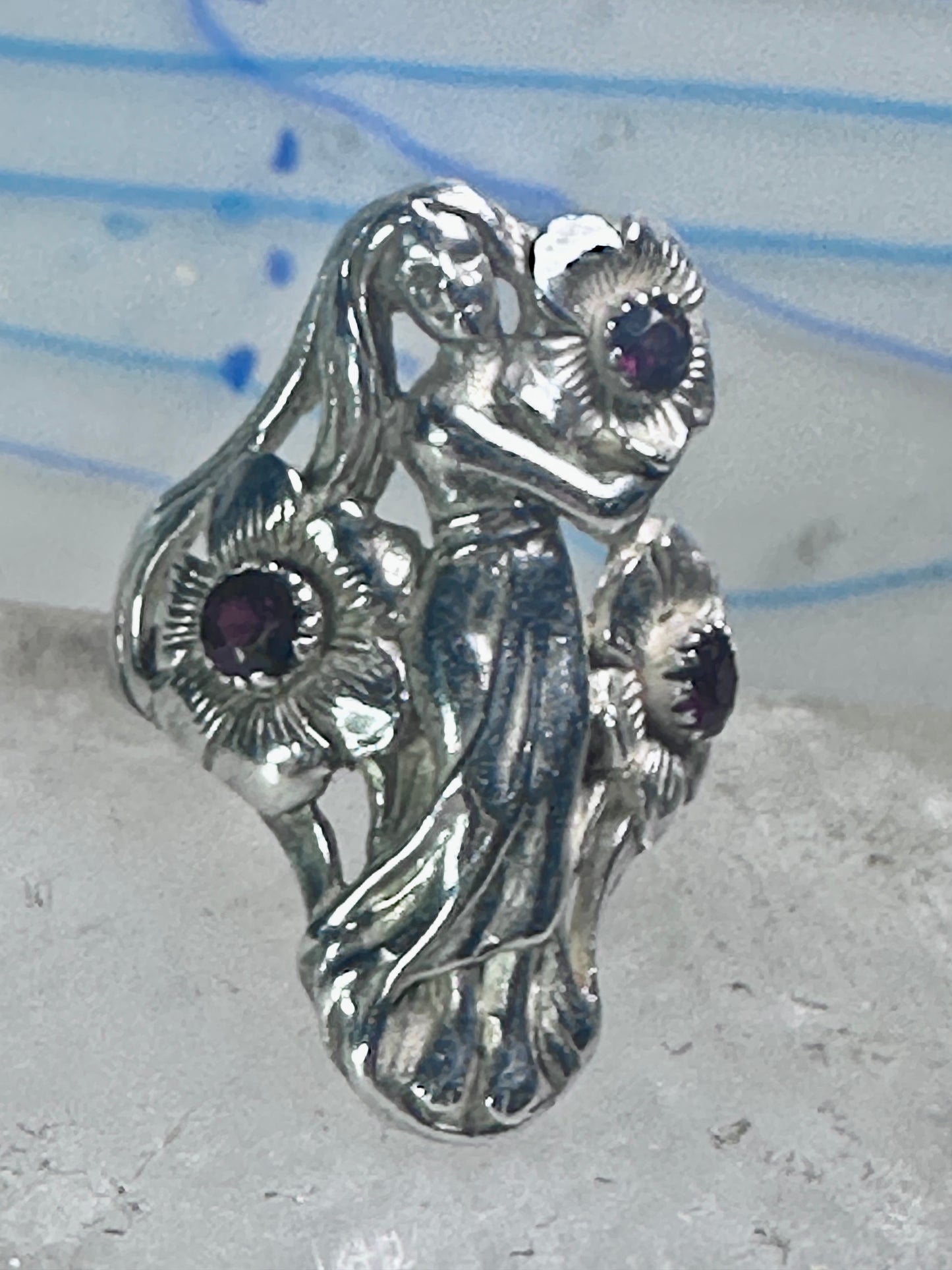 Lady with flowers Ring Art Deco Nouveau band leaves size 8 sterling silver women&nbsp;