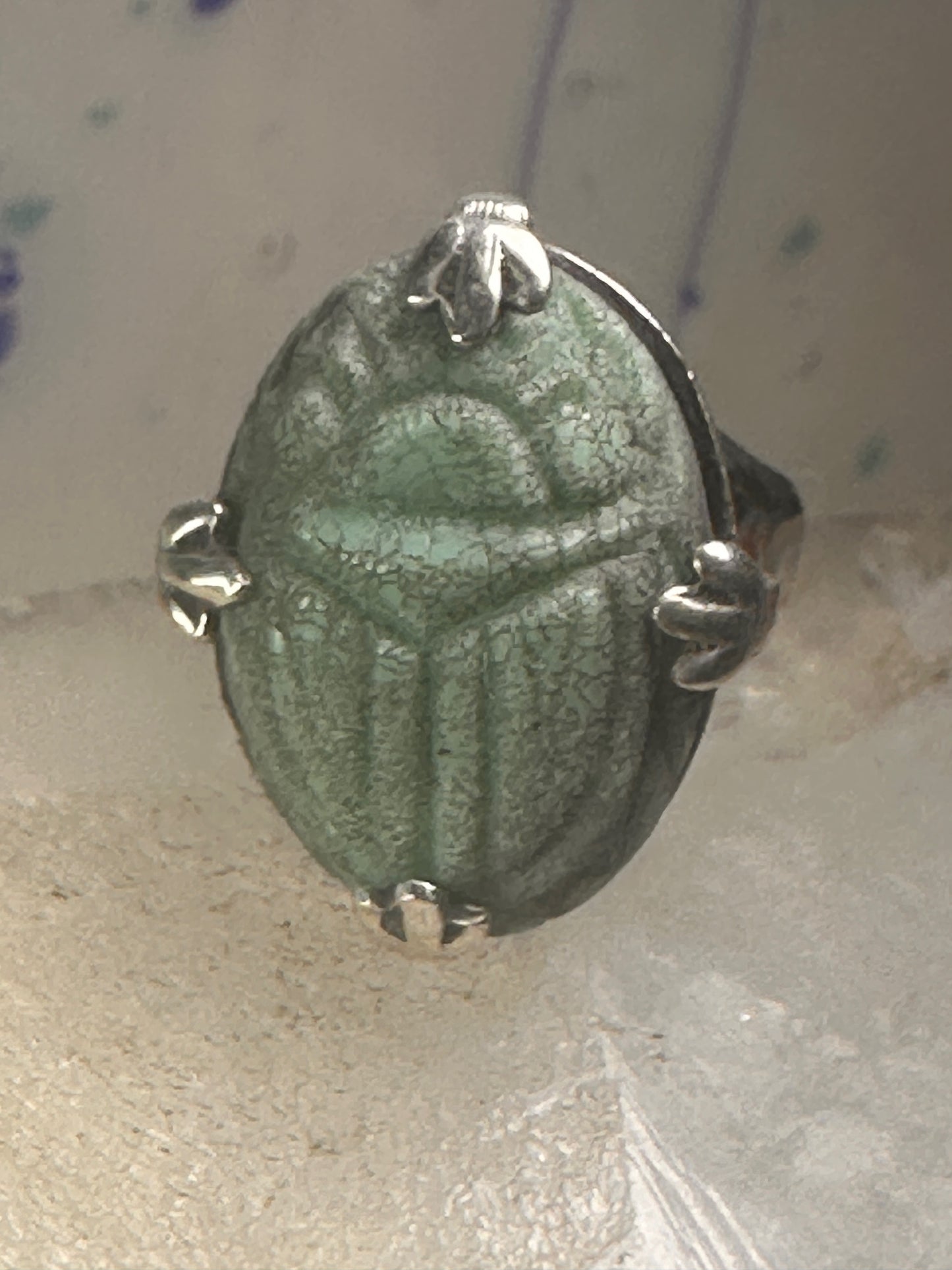 Scarab ring  carved stone adjustable size 8.75 sterling silver women