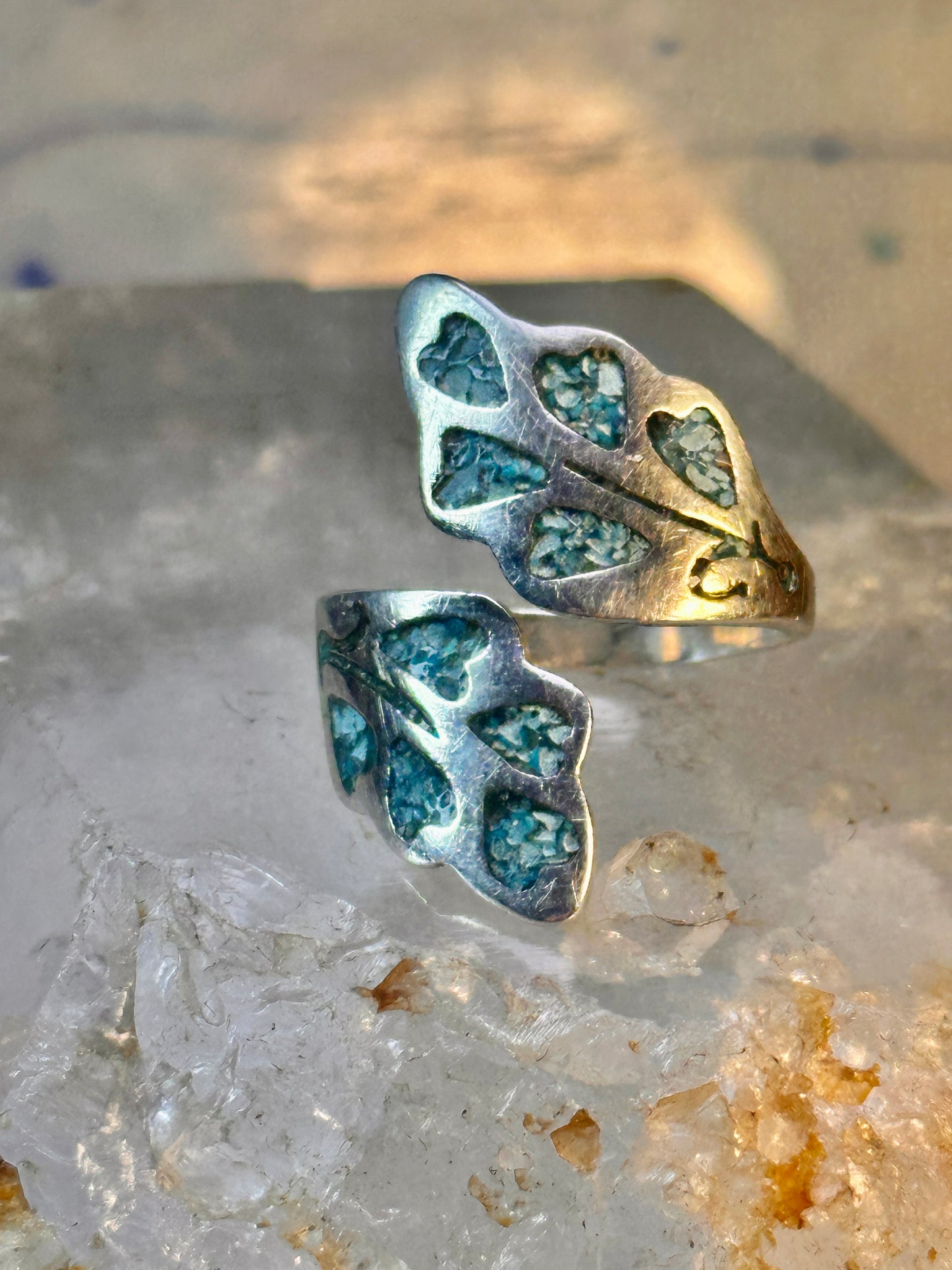 Wrap Around ring turquoise chips band leaves Mexico sterling silver size 9.50 women