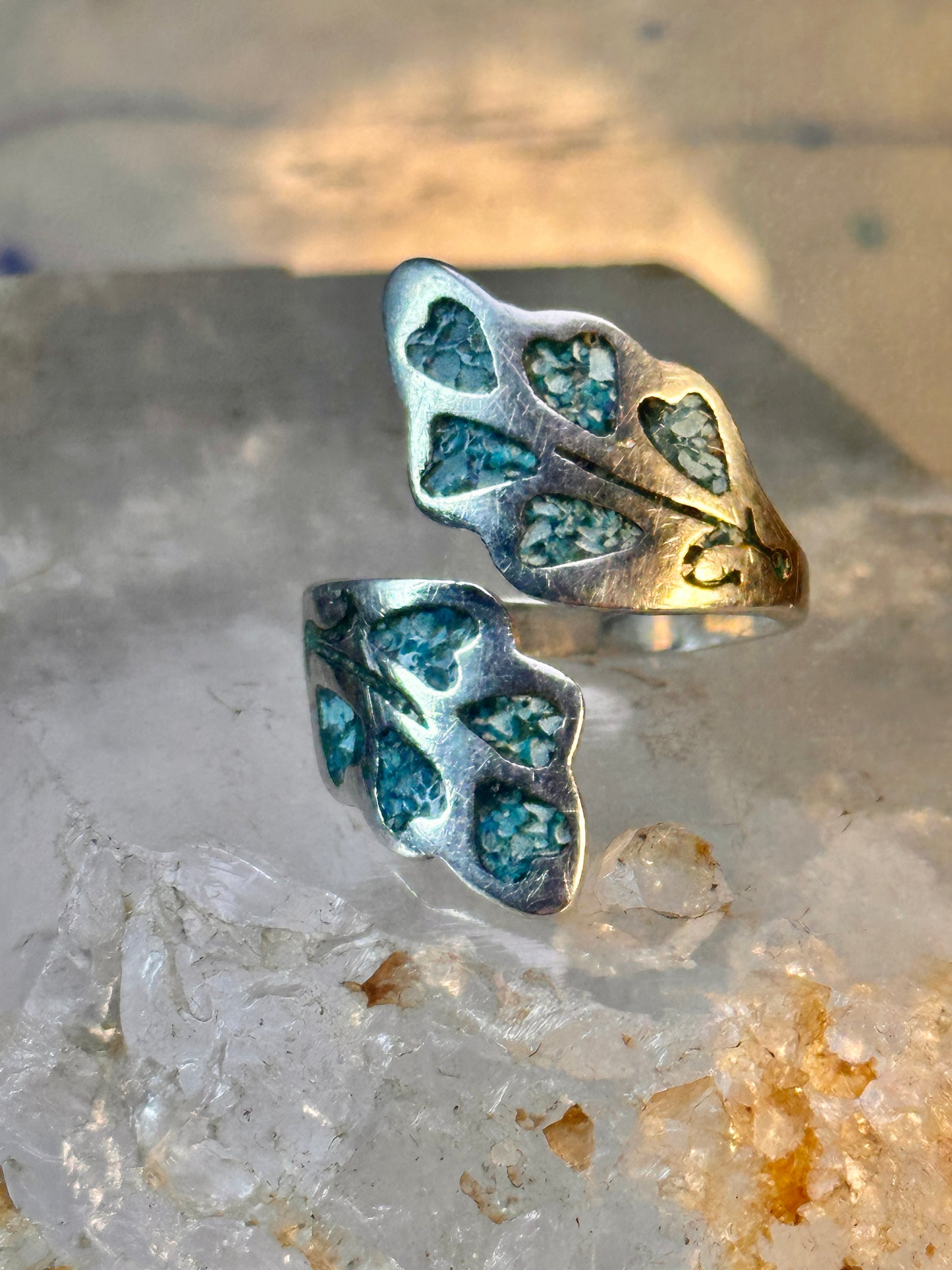Wrap Around ring turquoise chips band leaves Mexico sterling silver size 9.50 women