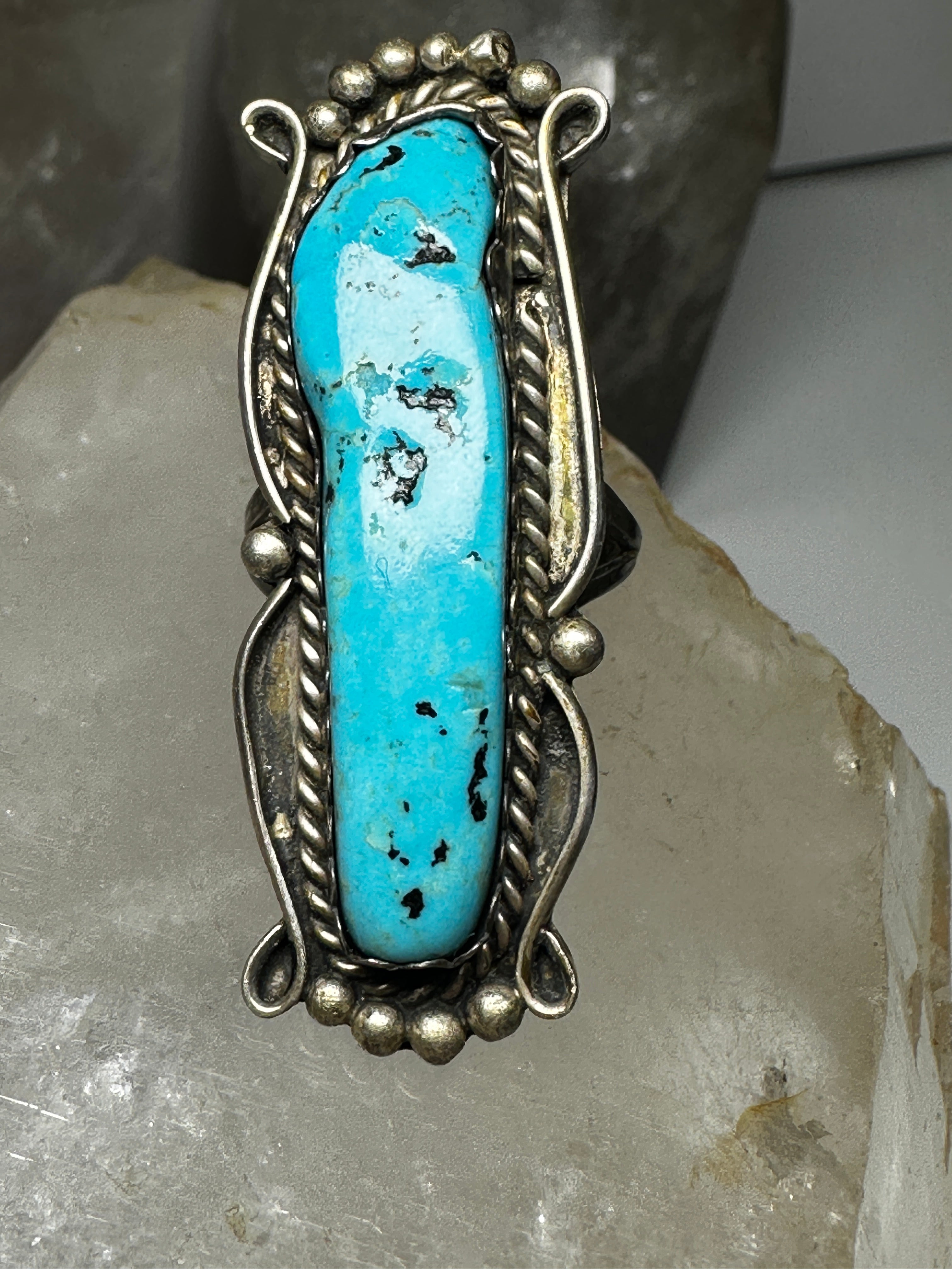 Long Turquoise ring Navajo band size 7.75 sterling silver women 