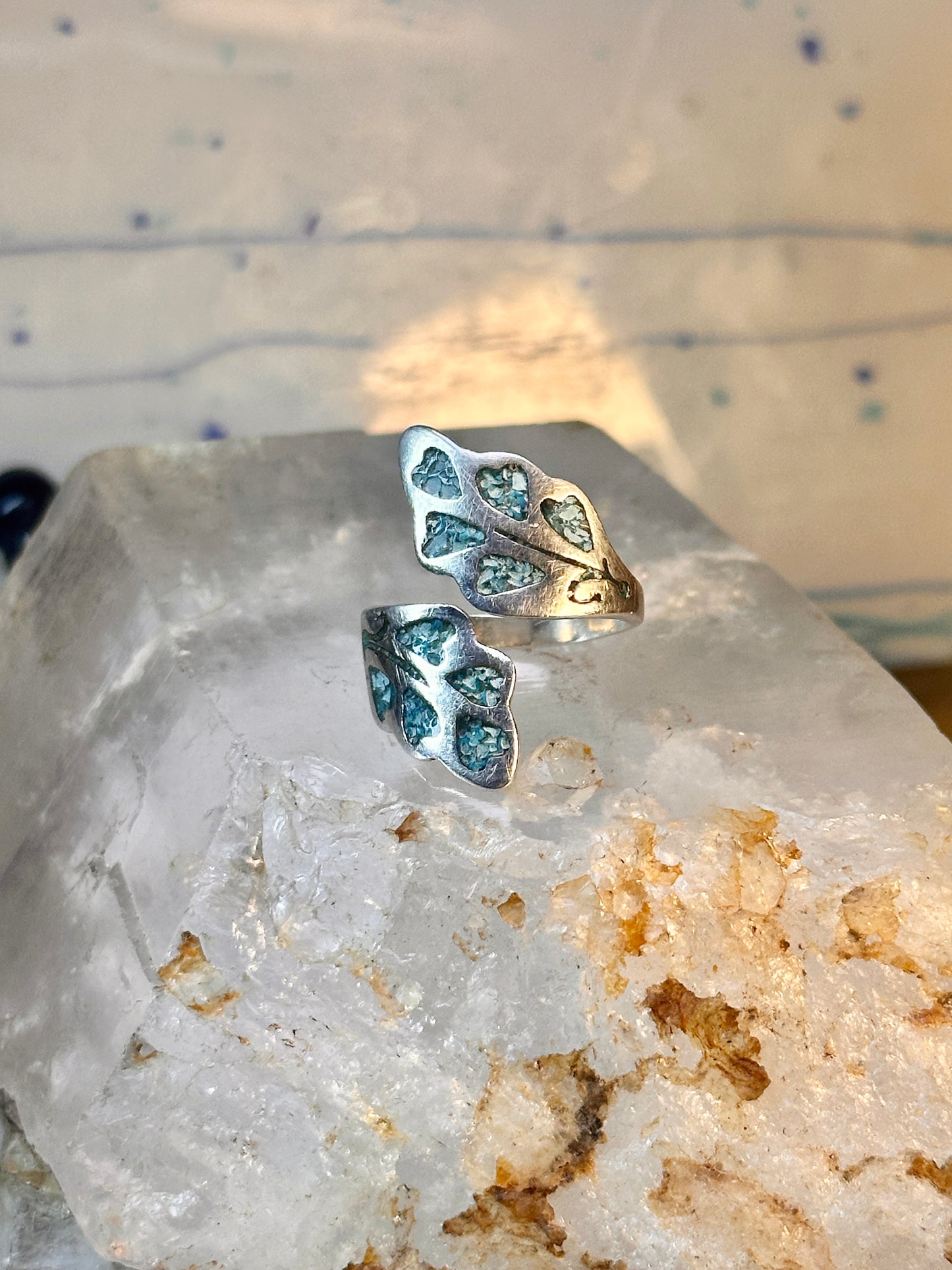 Wrap Around ring turquoise chips band leaves Mexico sterling silver size 9.50 women