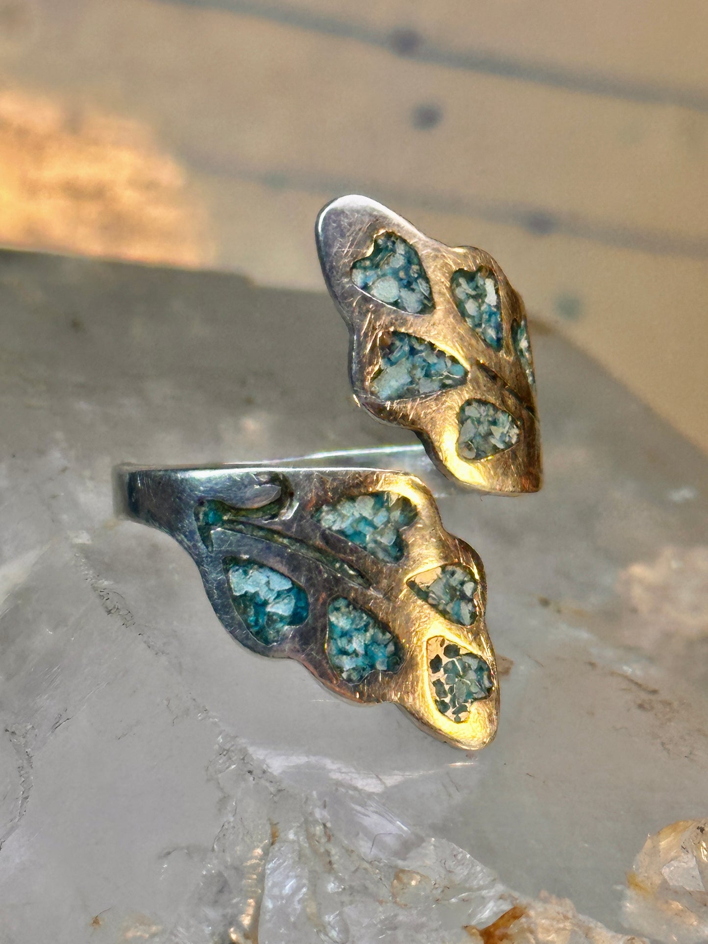 Wrap Around ring turquoise chips band leaves Mexico sterling silver size 9.50 women