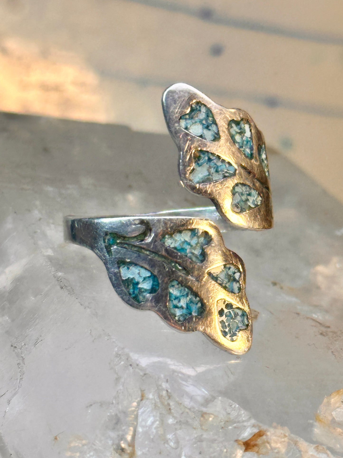 Wrap Around ring turquoise chips band leaves Mexico sterling silver size 9.50 women