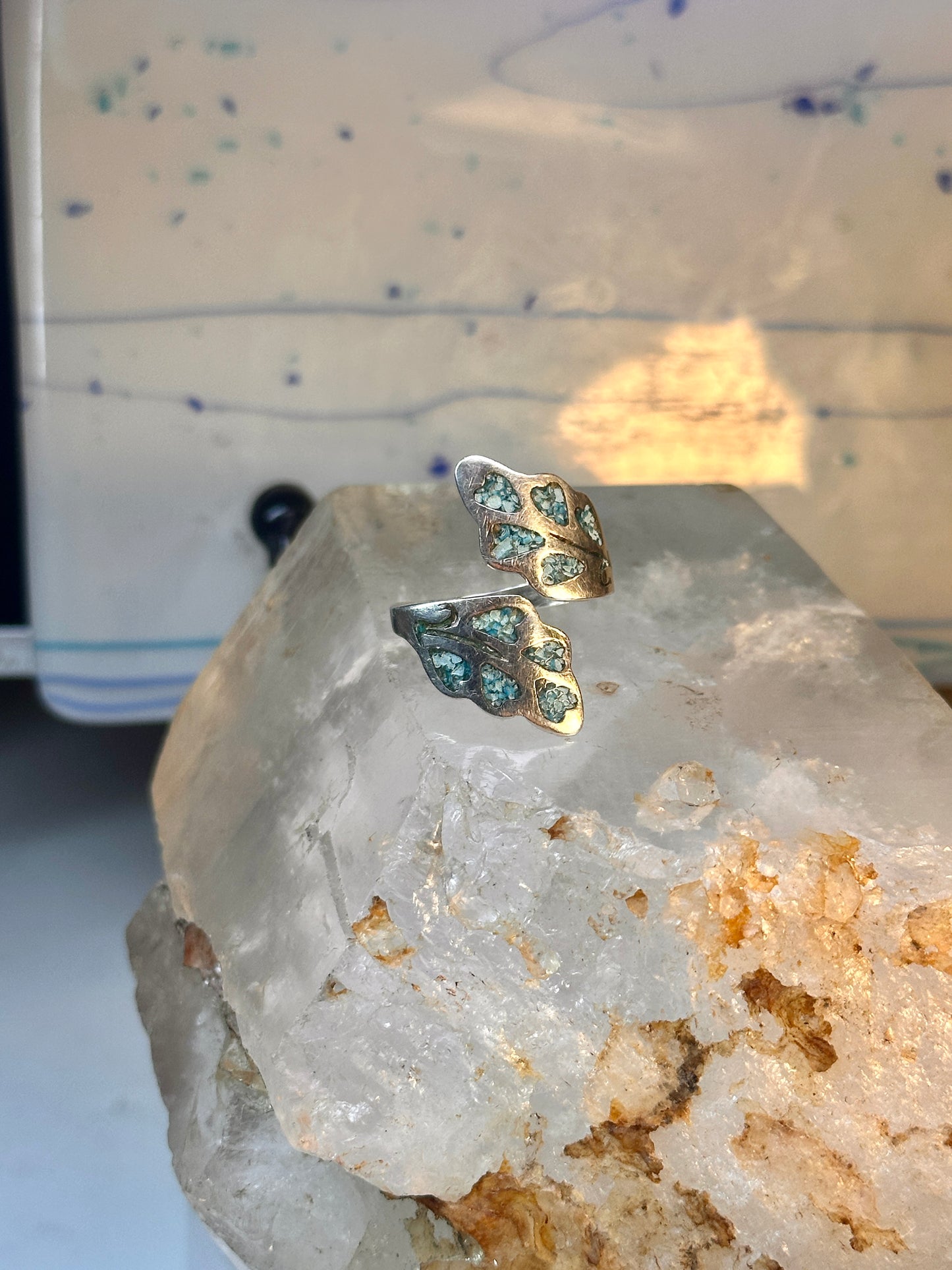 Wrap Around ring turquoise chips band leaves Mexico sterling silver size 9.50 women