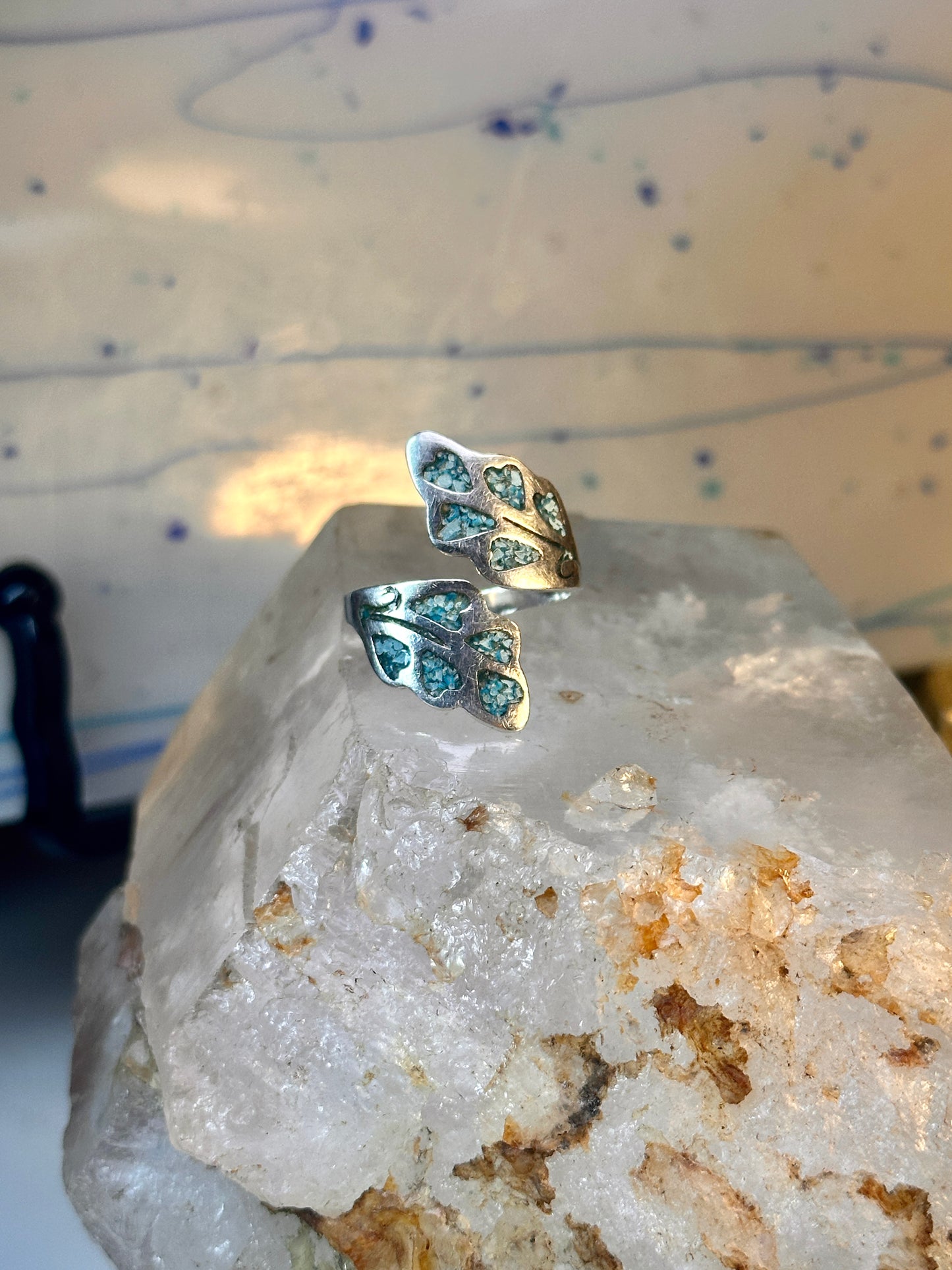 Wrap Around ring turquoise chips band leaves Mexico sterling silver size 9.50 women