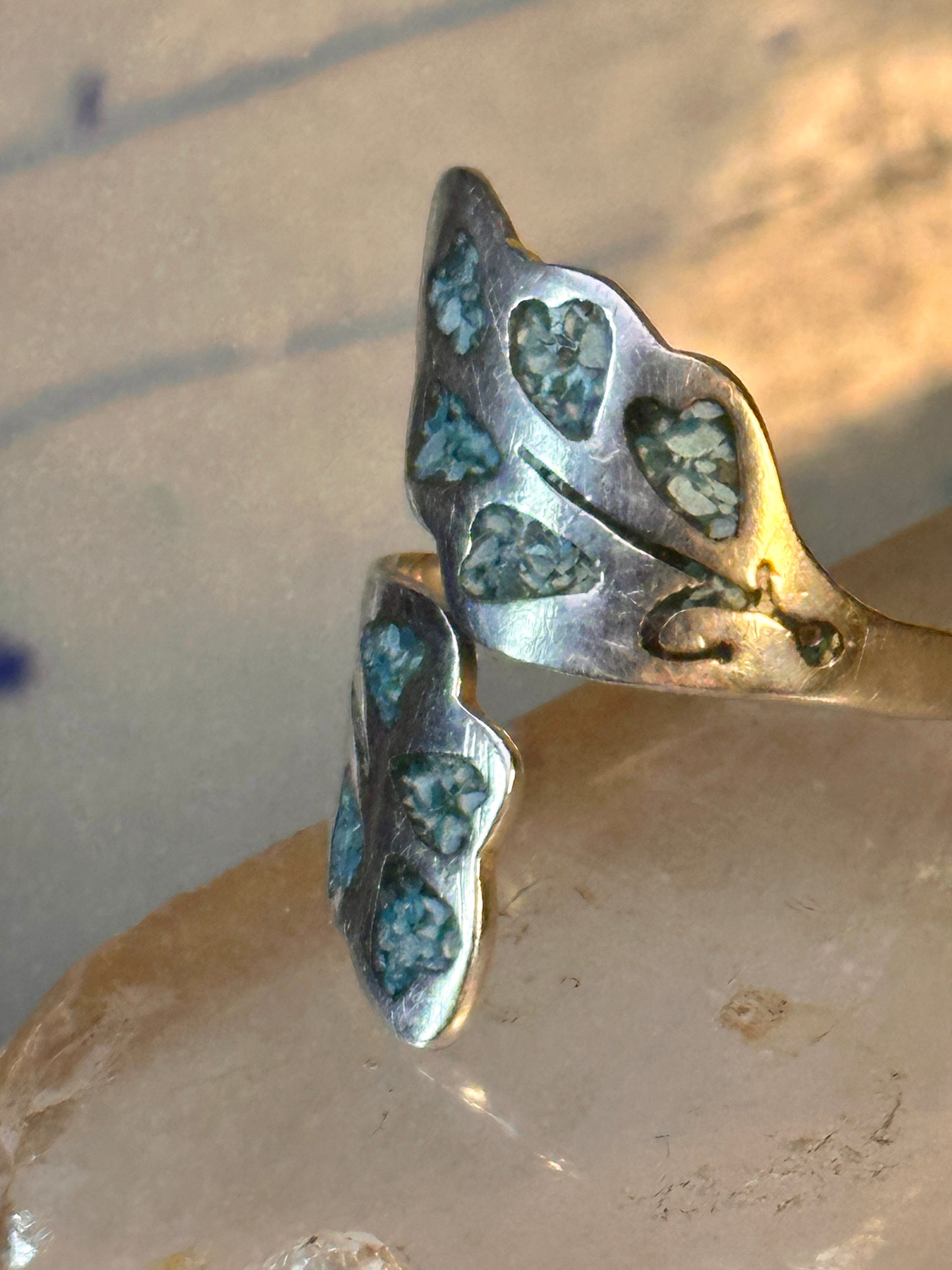 Wrap Around ring turquoise chips band leaves Mexico sterling silver size 9.50 women