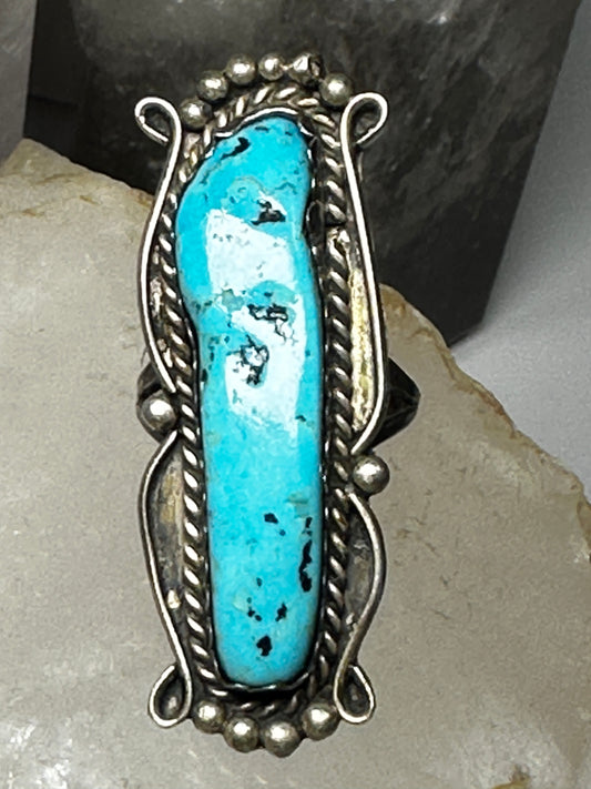 Long Turquoise ring Navajo band size 7.75 sterling silver women