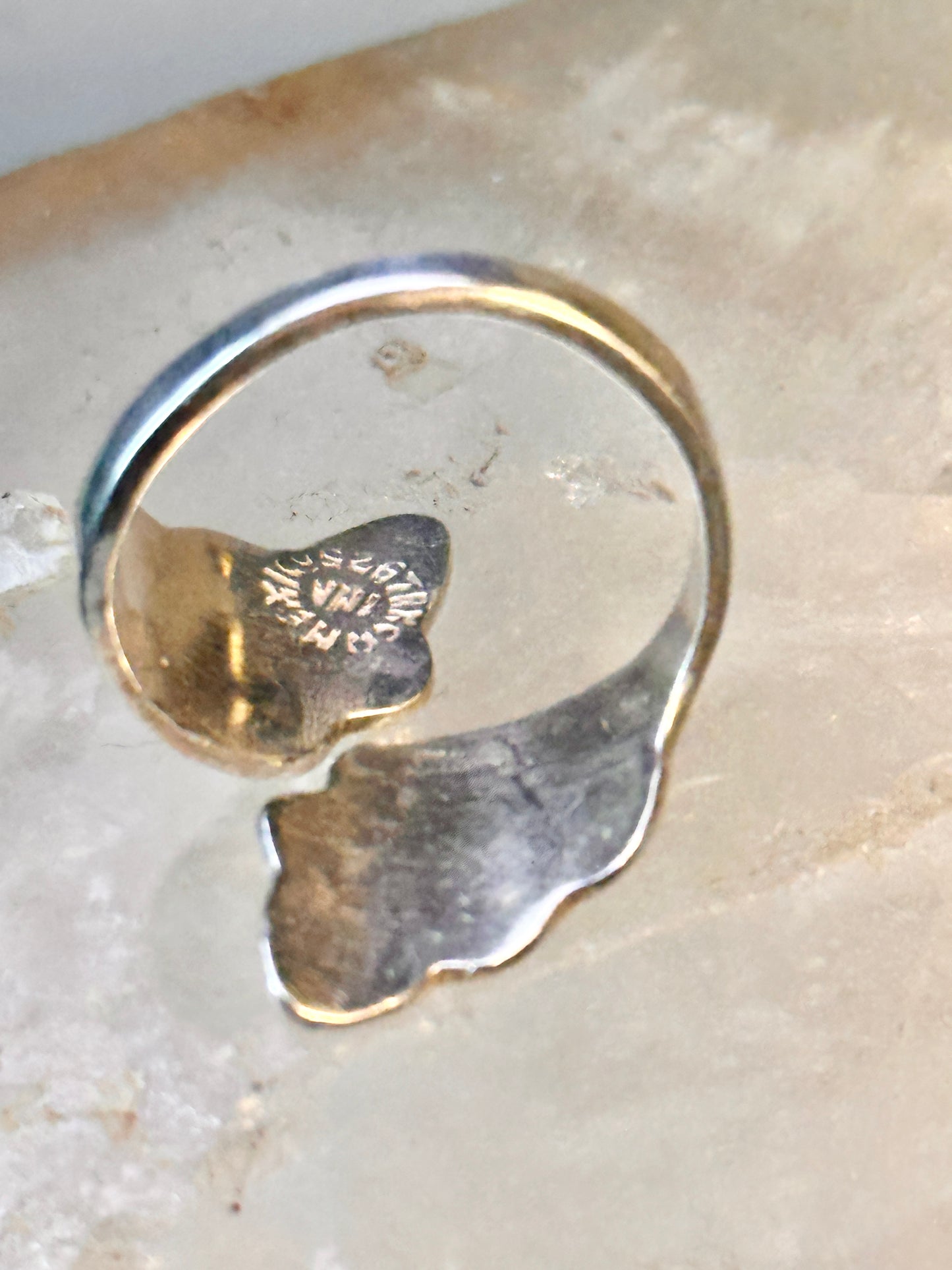 Wrap Around ring turquoise chips band leaves Mexico sterling silver size 9.50 women