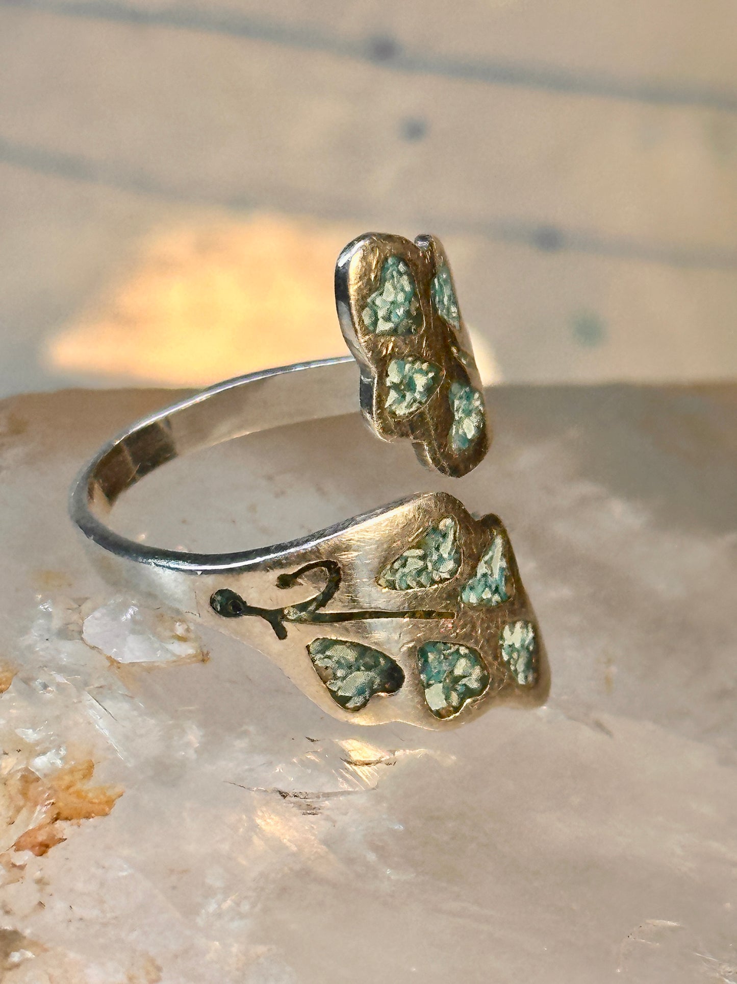 Wrap Around ring turquoise chips band leaves Mexico sterling silver size 9.50 women