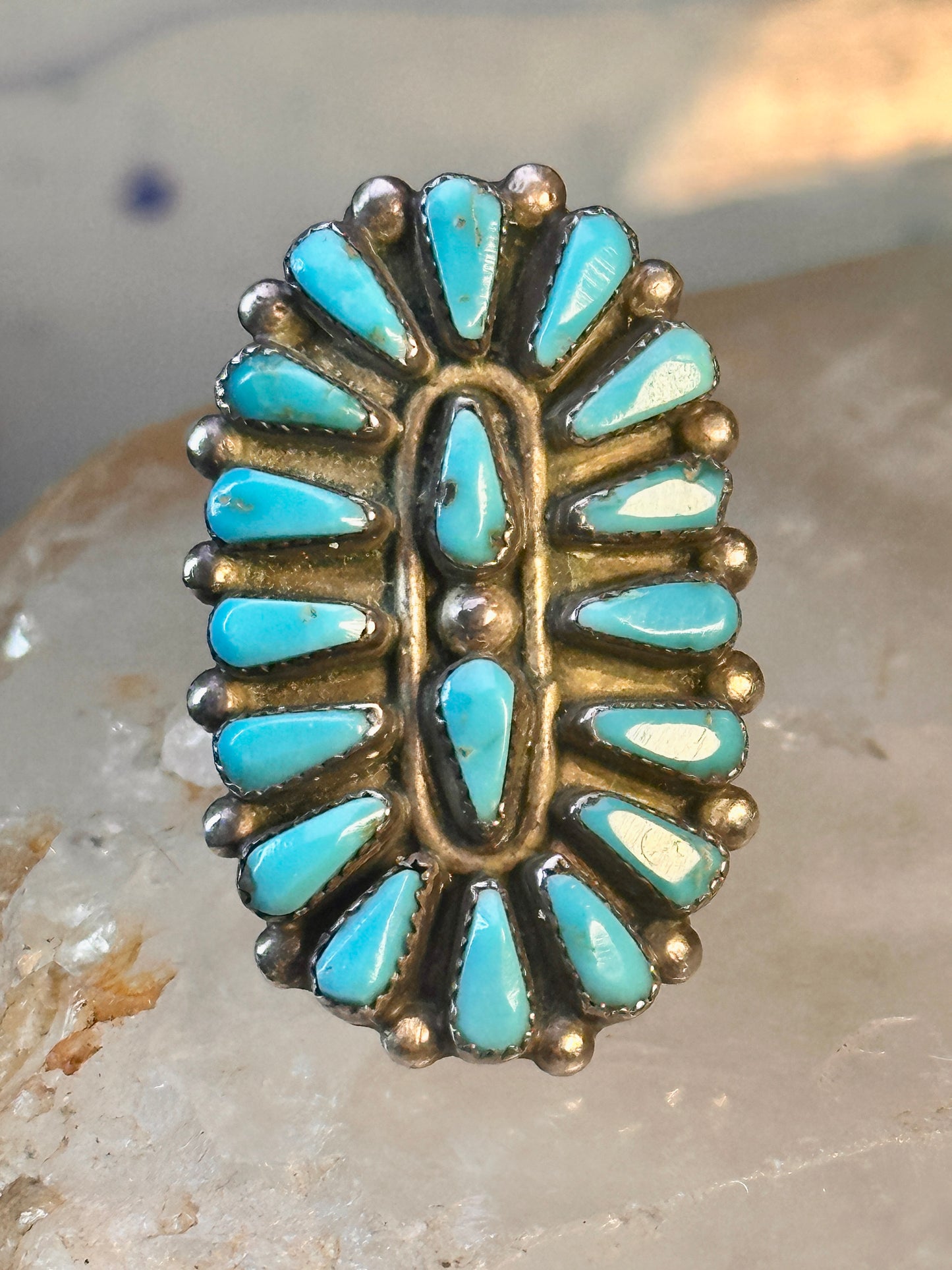 Long Zuni ring petite point vintage turquoise sterling silver size 5.75 wome
