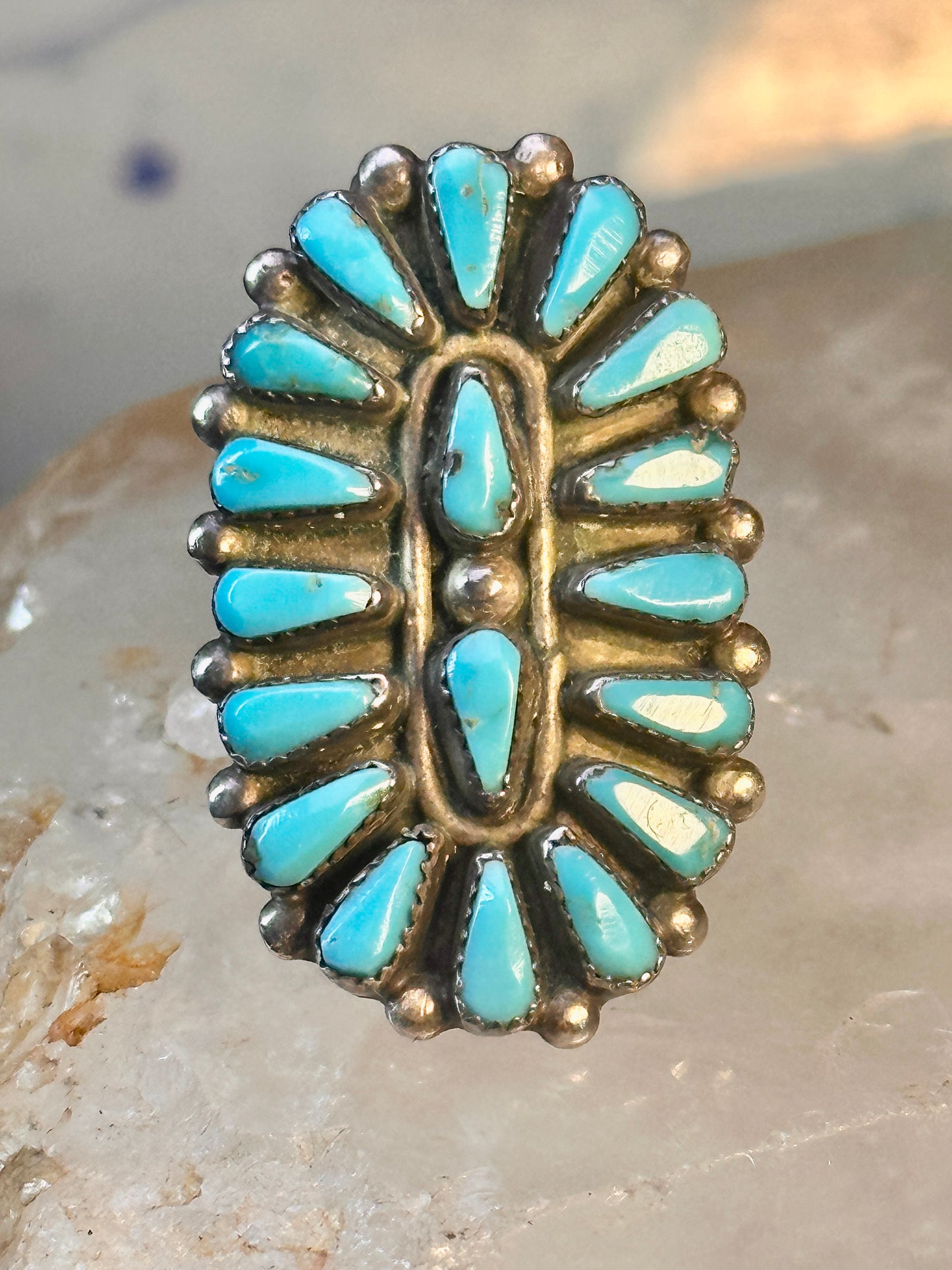 Long Zuni ring petite point vintage turquoise sterling silver size 5.75 wome