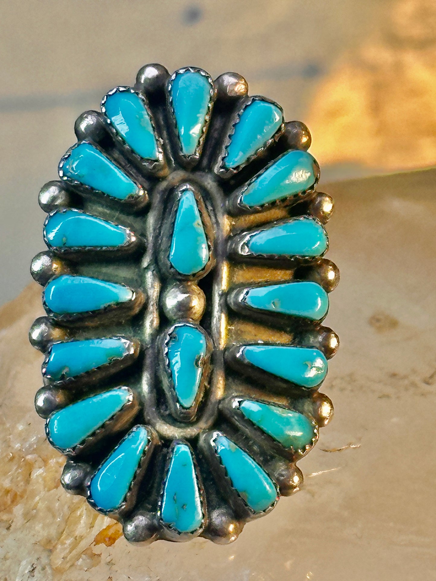 Long Zuni ring petite point vintage turquoise sterling silver size 5.75 wome