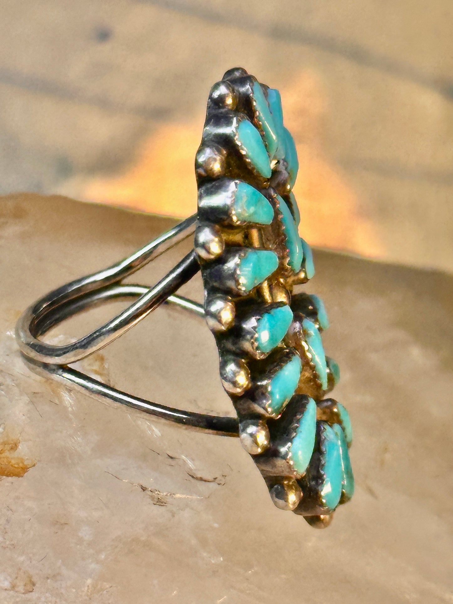 Long Zuni ring petite point vintage turquoise sterling silver size 5.75 wome