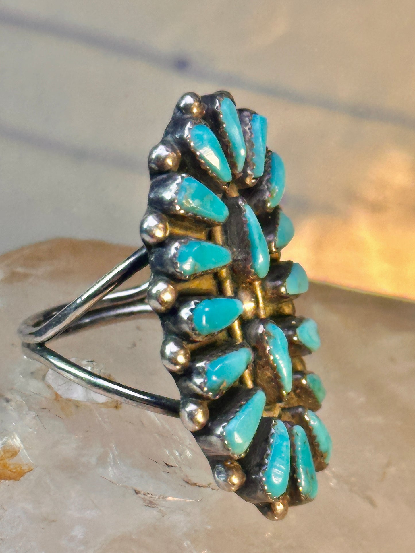 Long Zuni ring petite point vintage turquoise sterling silver size 5.75 wome